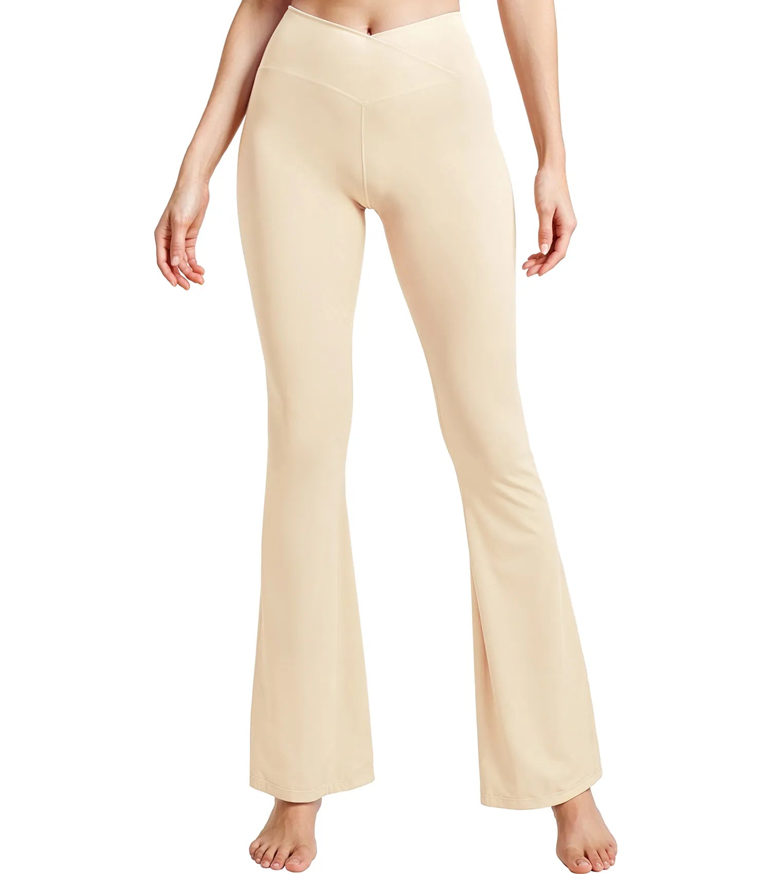 Crossover High Waisted Flare Leggings for Women with Tummy Control (Beige)