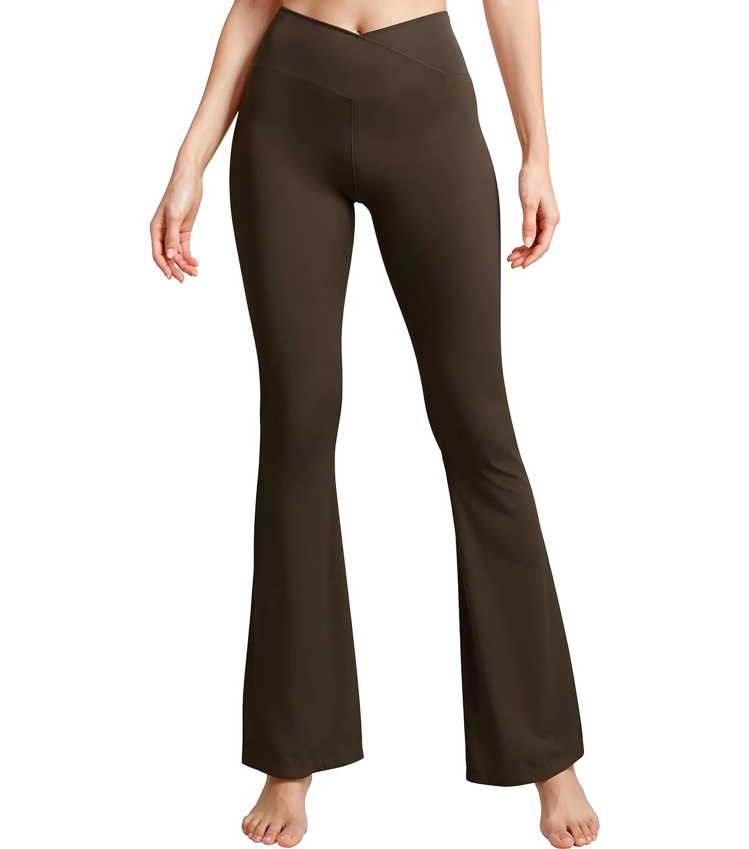 Crossover High Waisted Flare Leggings for Women with Tummy Control (Brown)