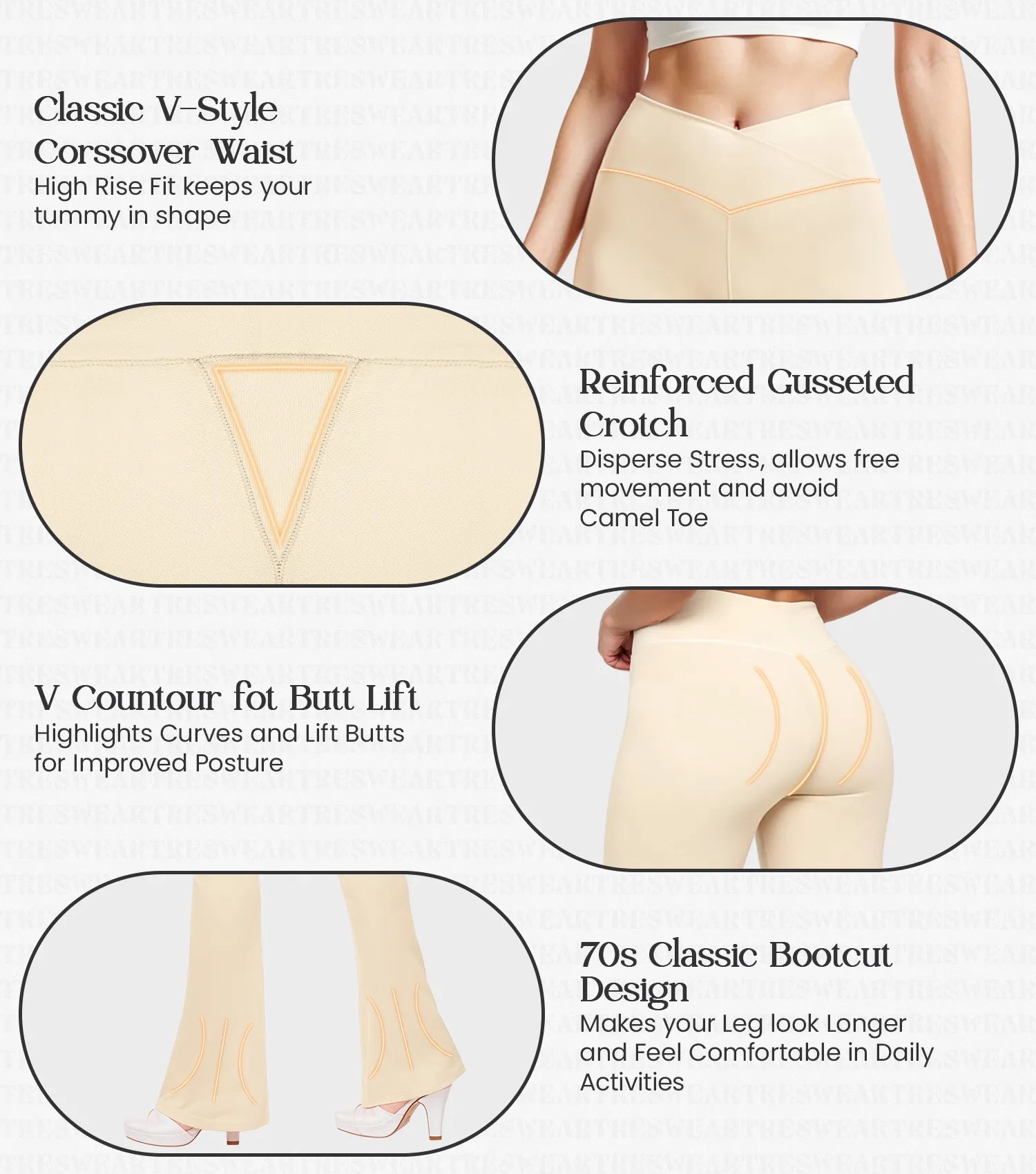 Crossover High Waisted Flare Leggings for Women with Tummy Control (Beige)