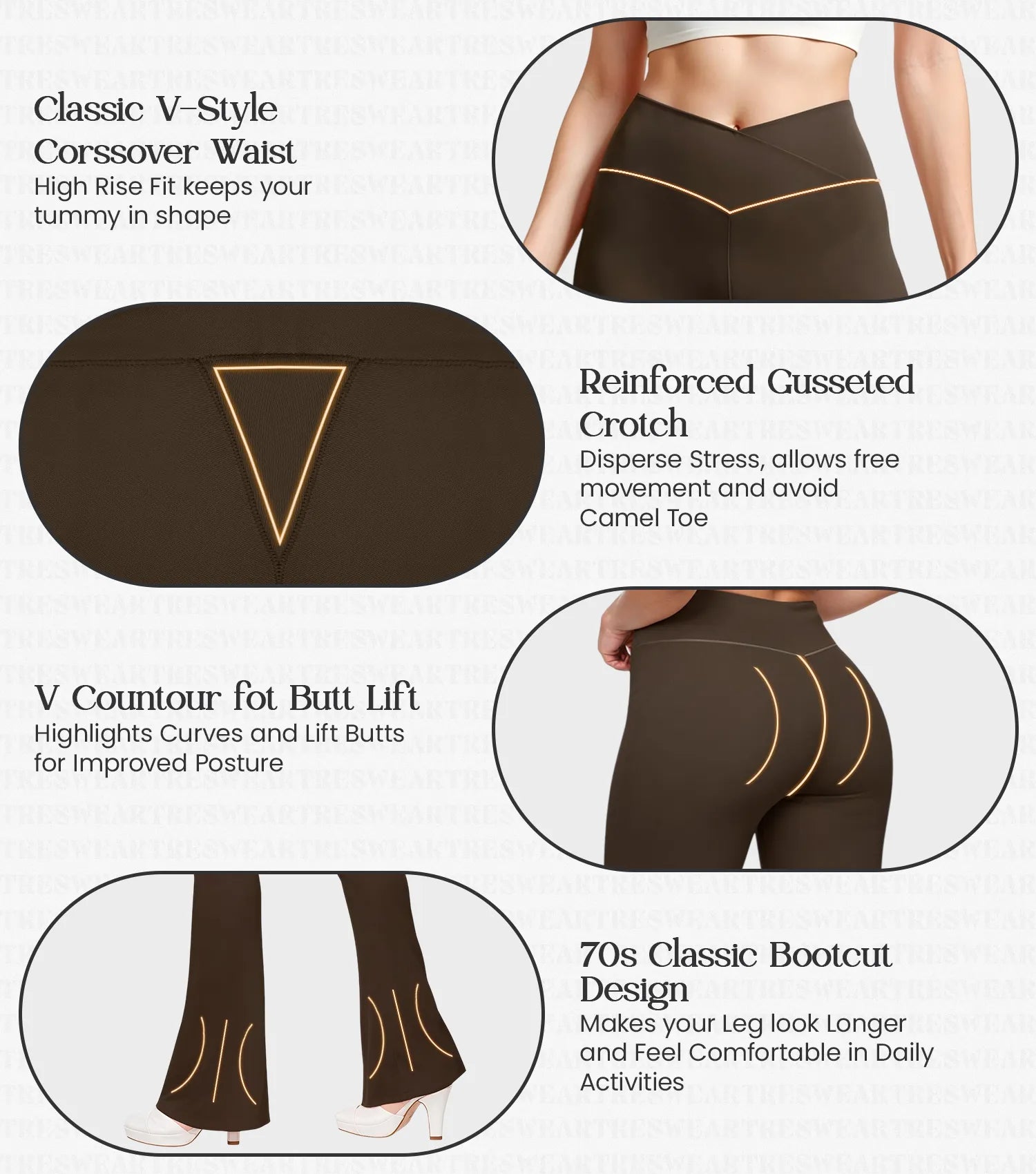 Crossover High Waisted Flare Leggings for Women with Tummy Control (Brown)