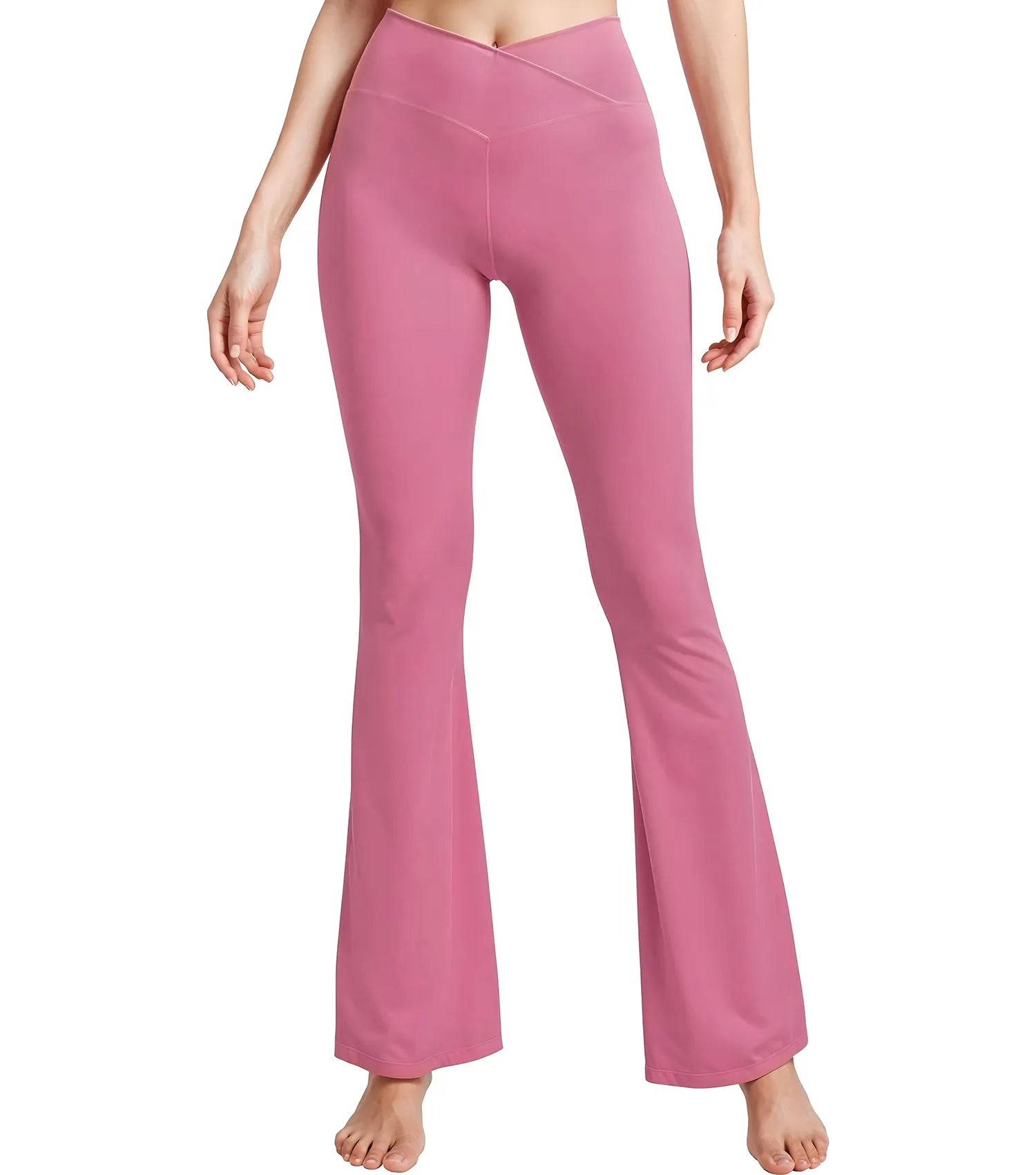 Crossover High Waisted Flare Leggings for Women with Tummy Control (Bubble Pink)
