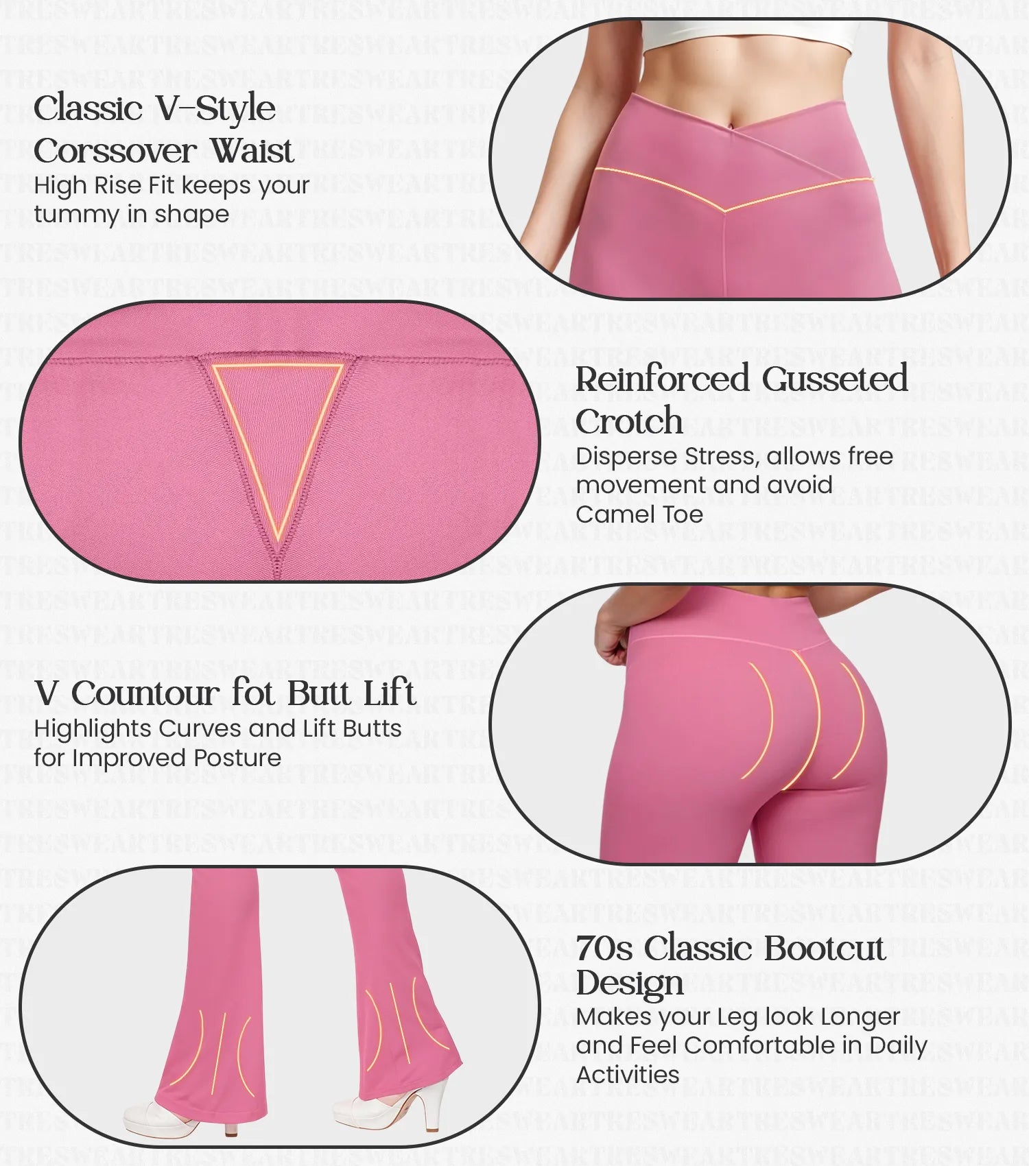 Crossover High Waisted Flare Leggings for Women with Tummy Control (Bubble Pink)