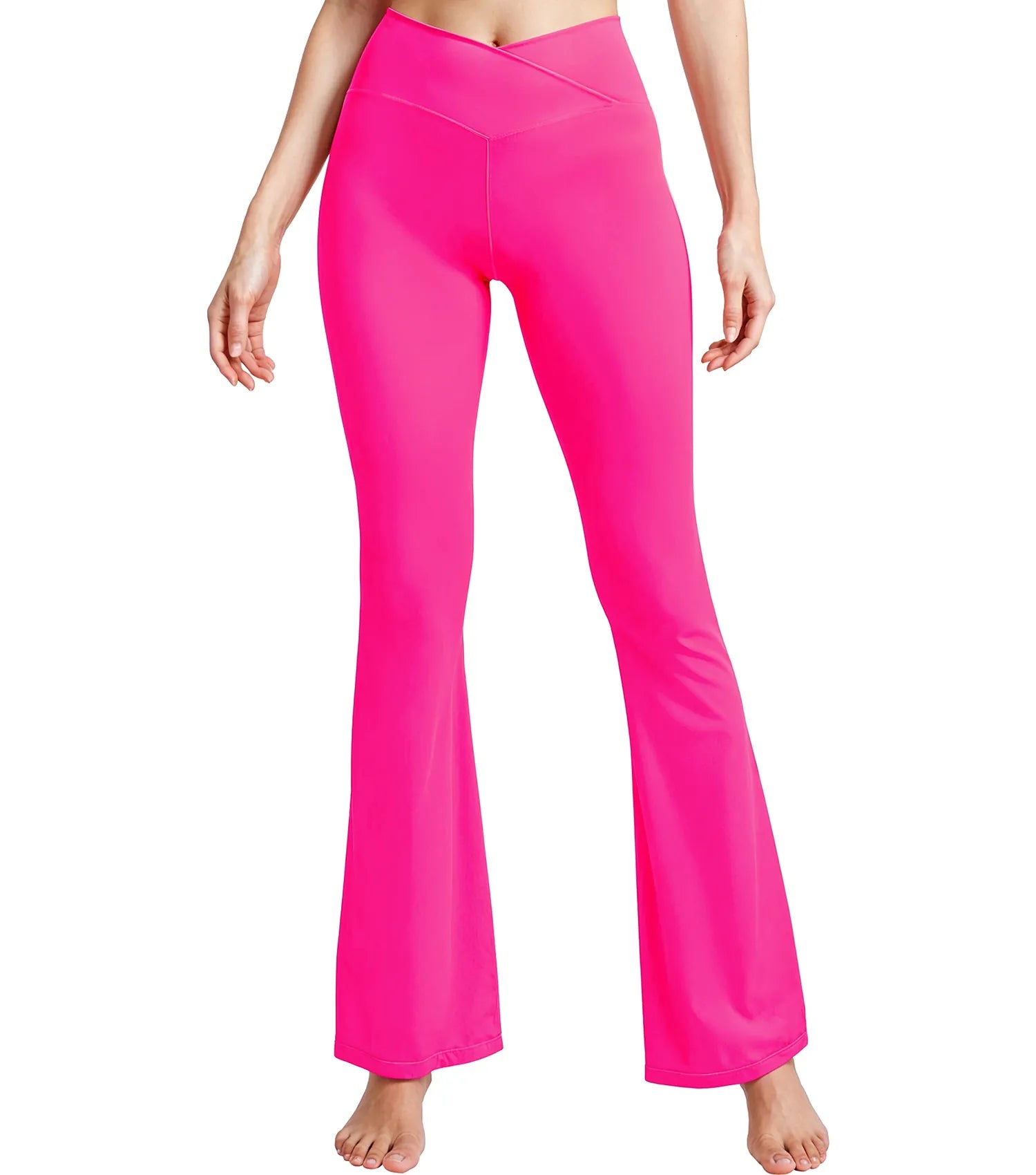 Crossover High Waisted Flare Leggings for Women with Tummy Control (Hot Pink)