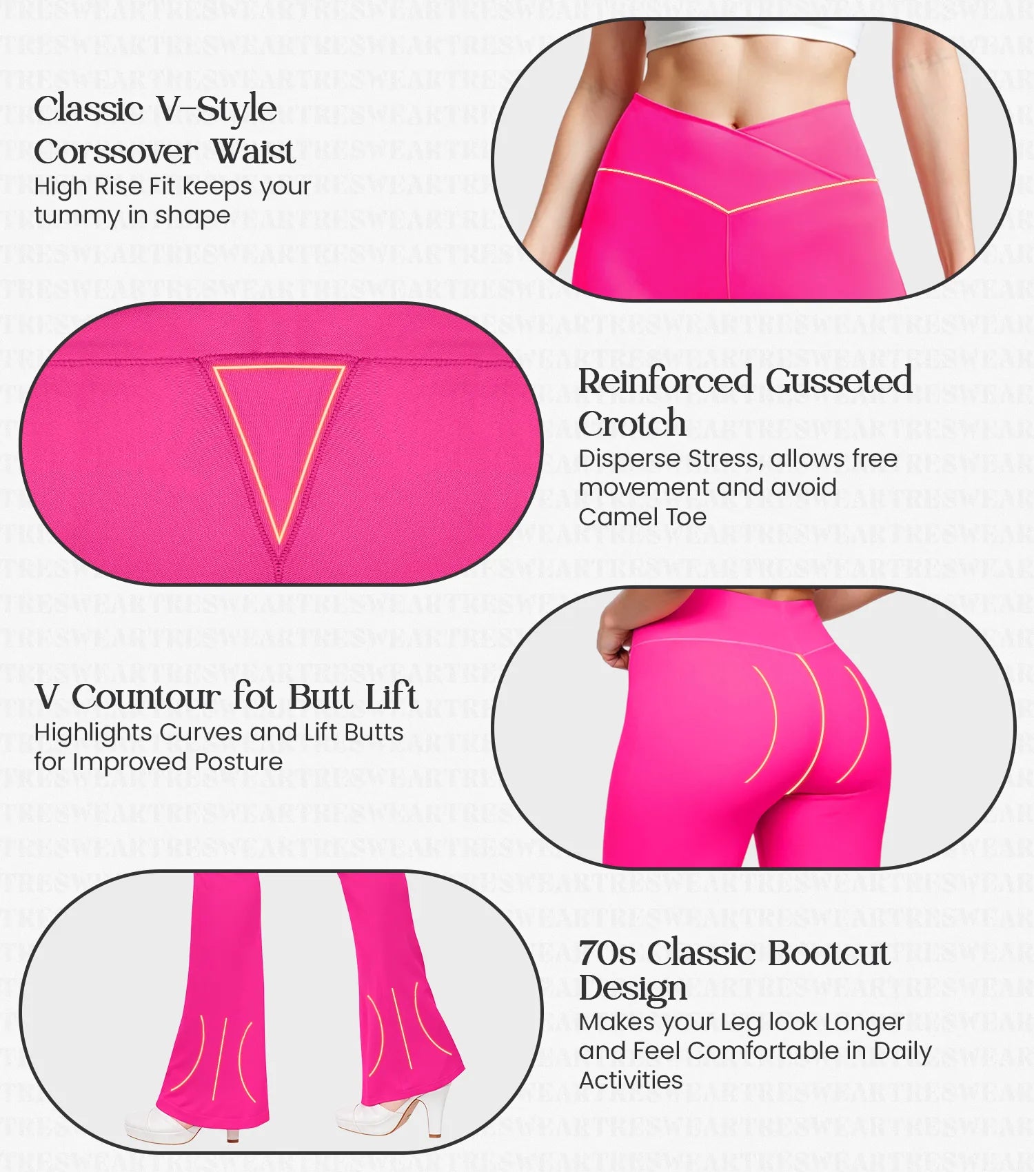 Crossover High Waisted Flare Leggings for Women with Tummy Control (Hot Pink)