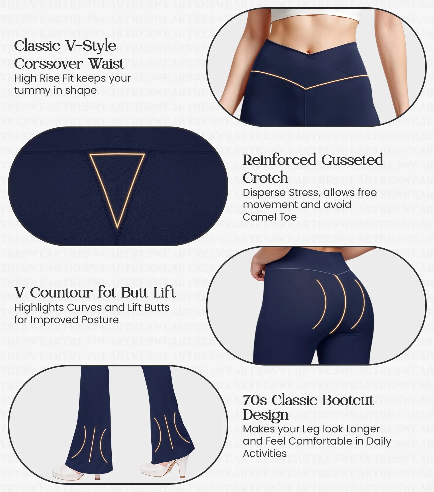 Crossover High Waisted Flare Leggings for Women with Tummy Control (Navy)